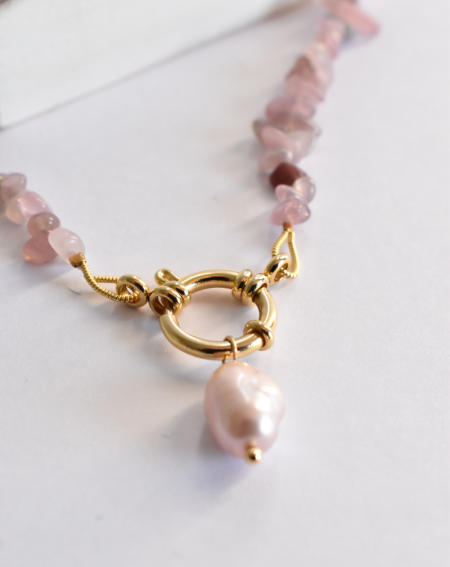 Collar Piedras Cuarzo Rosa y Perla