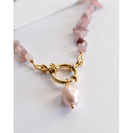 Collar Piedras Cuarzo Rosa y Perla