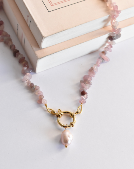 Collar Piedras Cuarzo Rosa y Perla