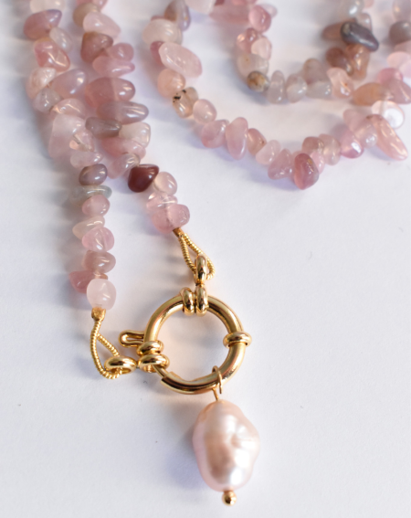 Collar Piedras Cuarzo Rosa y Perla